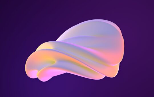 Abstract iridescent fluid shape on purple background